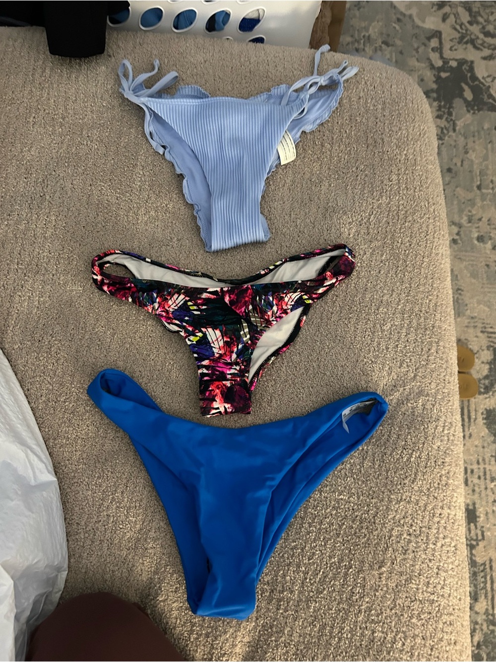 Hollister Three-Pack Bikini Bottoms — Light Blue, Tropical Print & Royal Blue